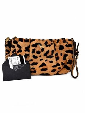 PRADA Cavallino Miele/ Moro Leopard Calfskin Wristlet